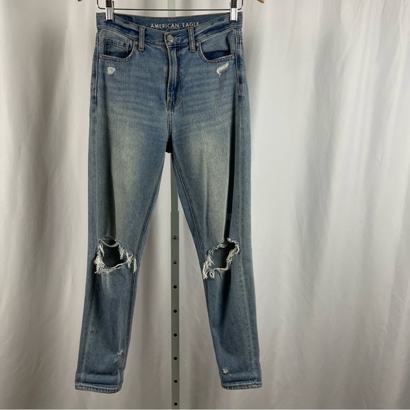 American Eagle Mom Jeans Size 0 Distressed High Waist Light Wash Cali - Picture 1 of 10
